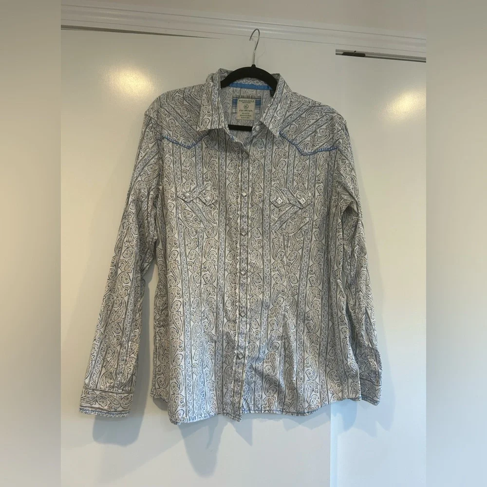 Panhandle Rough Stock Women’s Blue Collared Paisley Pearl Snap Sz Xl - Picture 2 of 10